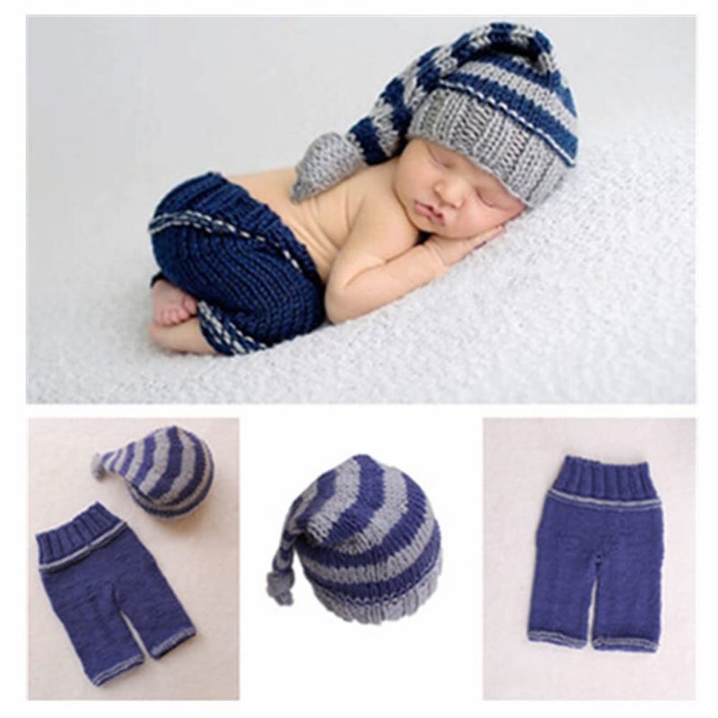 Vedory Newborn Baby Photo Shoot Props Girl Boy Crochet Knit Hat Costume Stripe Hat Pants Overalls Photography Props (Multicolor) - Image 1